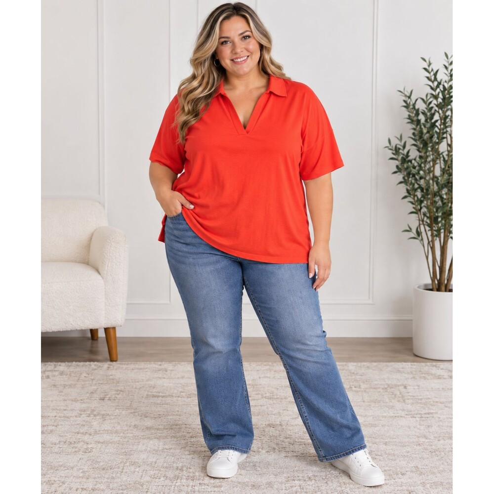 Ava & Viv Women’s 3X Orange Red Ribbed Collared V Neck Polo Top NWT Plus Size